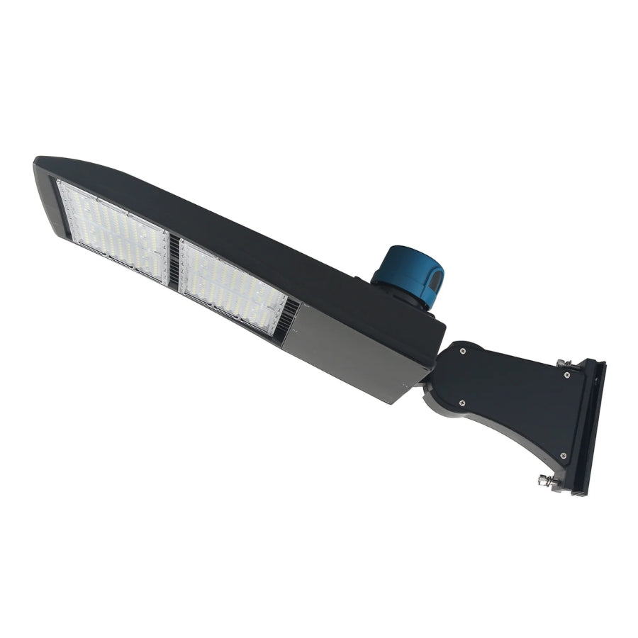 Side-angle view of the UpgradeToLED 300W LED parking lot light featuring an integrated dusk-to-dawn photocell, 42,000 lumens output, and Type III or Type V distribution.