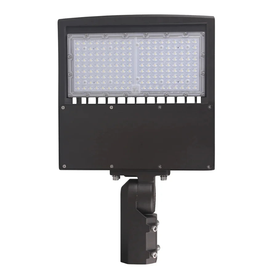 A front-facing view of a bronze commercial LED shoebox parking lot fixture showing its multi-LED array and adjustable slipfitter mount.