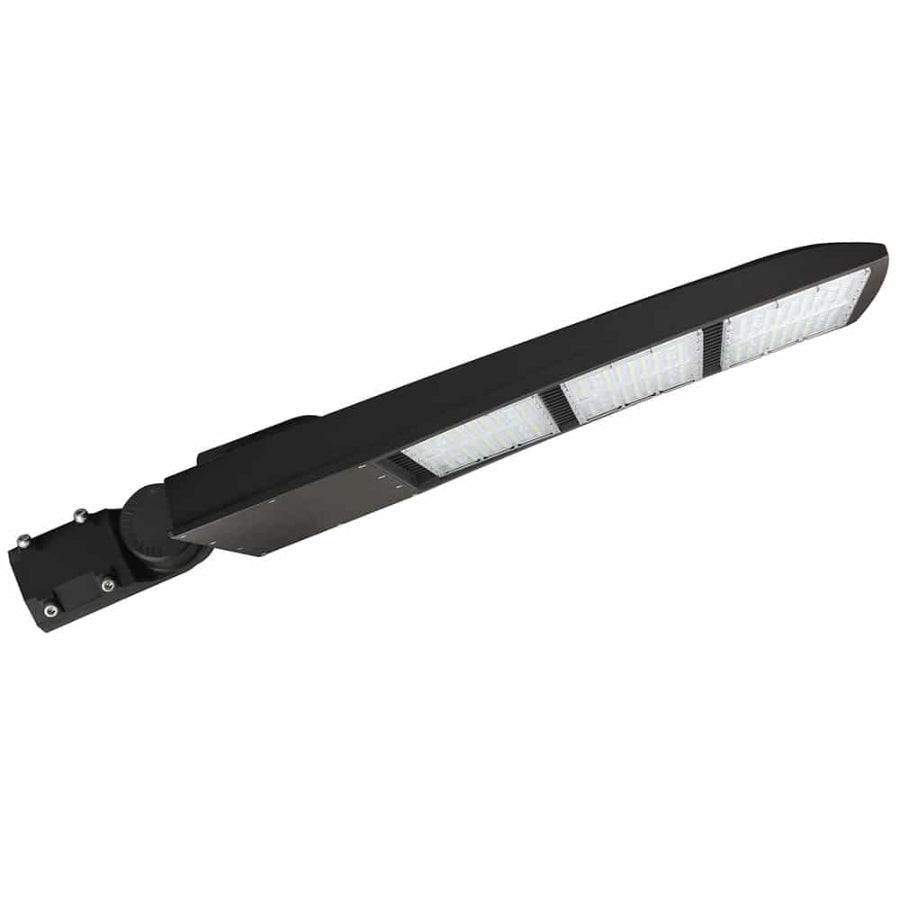 Slim side profile of the UpgradeToLED 450W LED parking lot light highlighting its low-profile housing design and adjustable mounting bracket for outdoor installations.