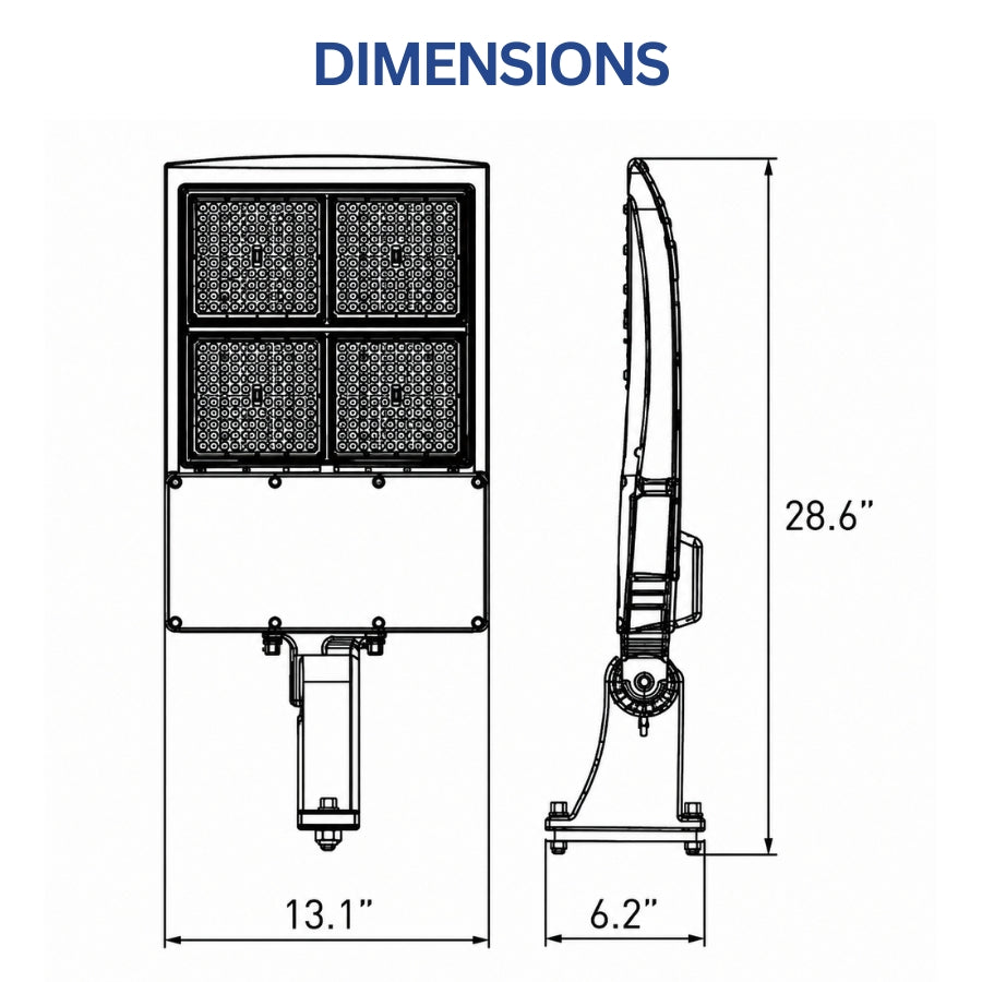 Dimension drawing of the UpgradeToLED 300W LED parking lot light measuring 28.6 inches in height, 13.1 inches in width, and 6.2 inches in depth.