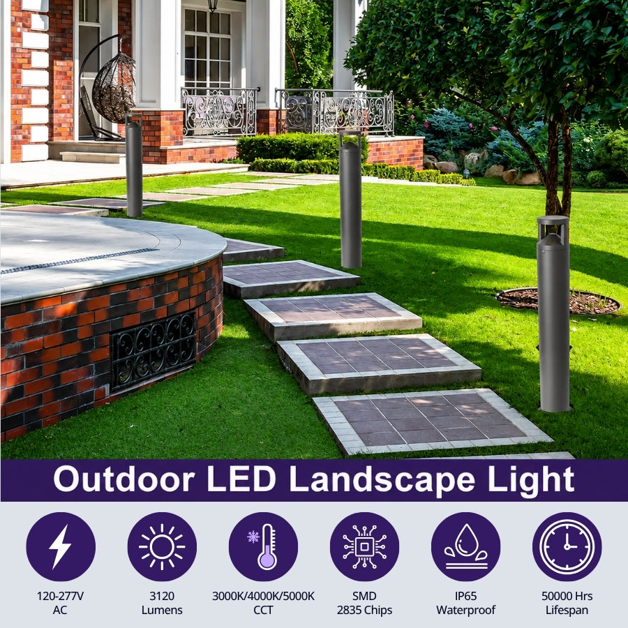 Outdoor 42-inch LED bollard landscape light installed along a residential pathway with 3000K 4000K and 5000K color options