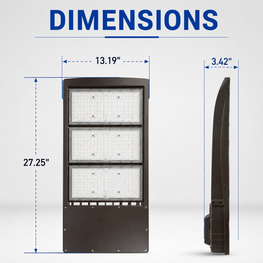 Detailed dimensions of the UpgradeToLED 450W LED parking lot light measuring 27.25 inches in height, 13.19 inches in width, and 3.42 inches in depth.