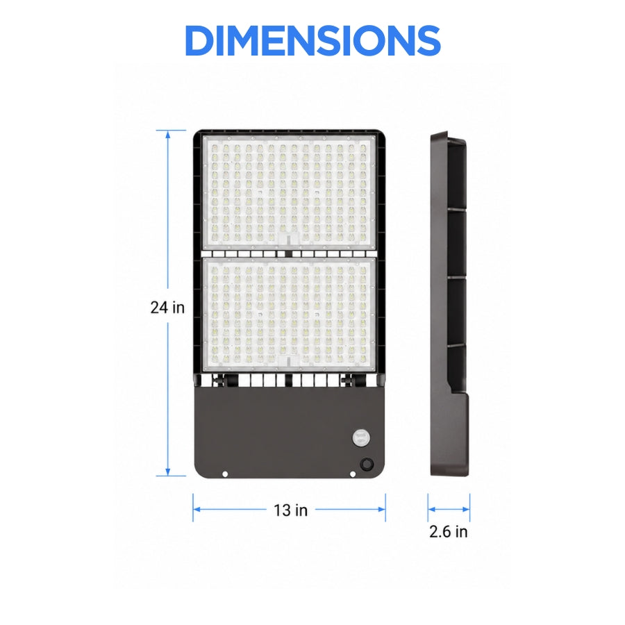 Dimension diagram of the UpgradeToLED LED shoebox light measuring 24 inches high, 13 inches wide, and 2.6 inches deep for pole-mounted outdoor installations.