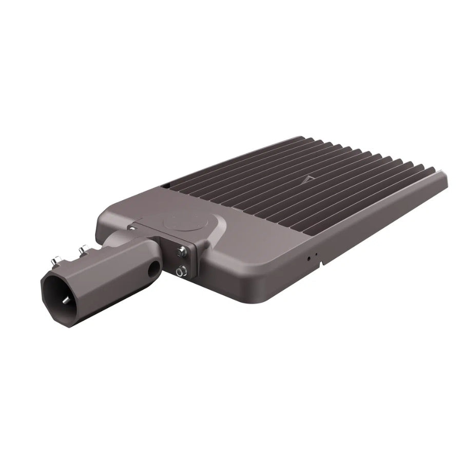 Rear angled view of the UpgradeToLED LED shoebox light featuring a durable aluminum heat sink design for efficient thermal management and long-lasting performance.
