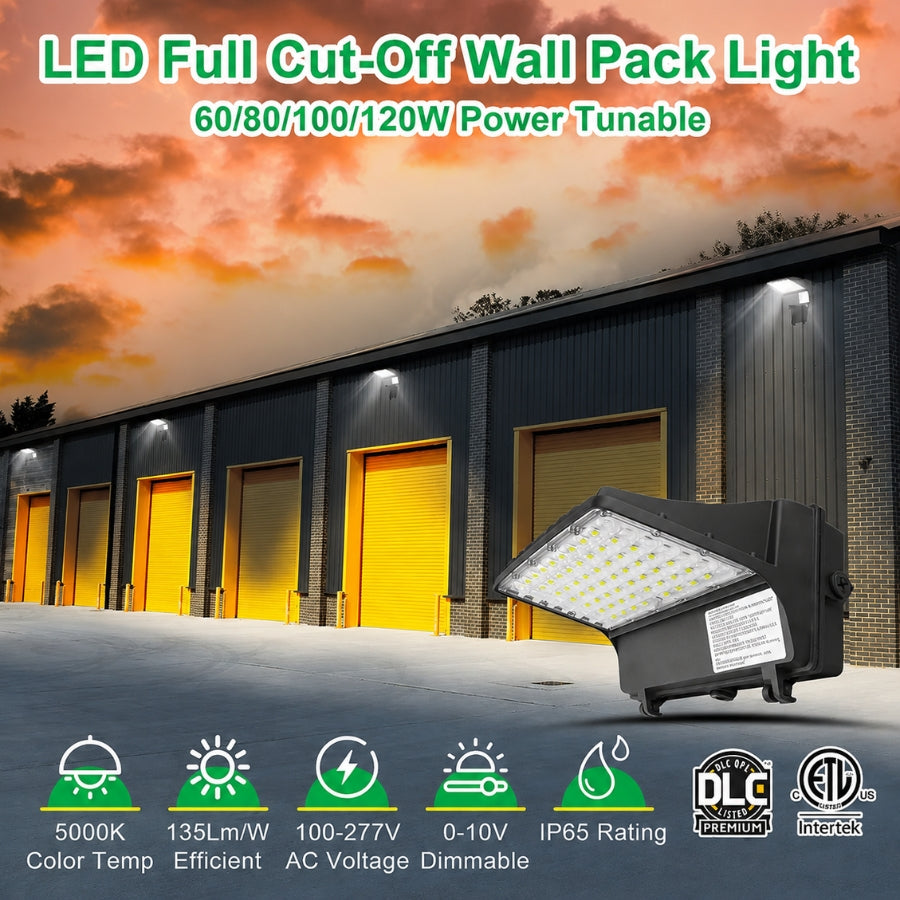 Selectable LED Full Cutoff Wall Pack installed on a commercial warehouse featuring 60W, 80W, 100W, and 120W power selection, selectable color temperature, IP65 waterproof protection, and DLC Premium performance.