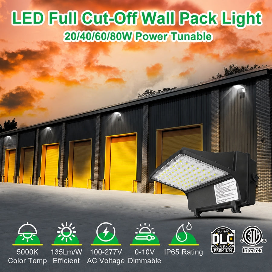 Selectable LED Full Cutoff Wall Pack installed on a commercial warehouse featuring 20W, 40W, 60W, and 80W power selection, selectable color temperature, IP65 waterproof protection, DLC Premium certification, and 120-347V operation.