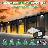 Selectable LED Full Cutoff Wall Pack installed on a commercial warehouse featuring 20W, 40W, 60W, and 80W power selection, selectable color temperature, IP65 waterproof protection, DLC Premium certification, and 120-347V operation.