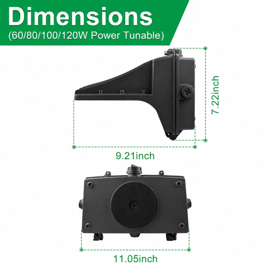 Dimension diagram of the Selectable LED Full Cutoff Wall Pack showing 11.05-inch width, 9.21-inch depth, and 7.22-inch height for commercial wall-mounted installations.