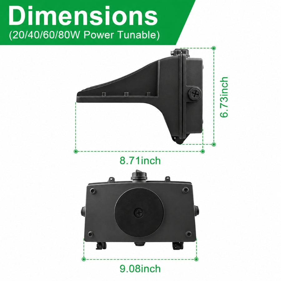 Dimension diagram of the Selectable LED Full Cutoff Wall Pack showing 9.08-inch width, 8.71-inch depth, and 6.73-inch height for easy commercial wall-mount installation.