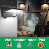 Selectable LED Full Cutoff Wall Pack operating in rainy outdoor conditions, highlighting its IP65 wet-location rating, ETL certification, DLC Premium listing, and 5-year warranty.