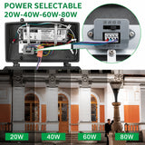 Internal wattage selector of the Selectable LED Full Cutoff Wall Pack allowing installers to choose 20W, 40W, 60W, or 80W output for flexible commercial lighting installations.