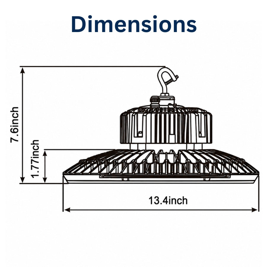 Dimension drawing of the 100W/120W/150W selectable UFO LED high bay light measuring 13.4 inches in diameter and 7.6 inches in height.