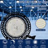 Feature overview of the selectable UFO LED high bay light with 100W, 120W, and 150W power settings, up to 24,000 lumens, SMD 2835 LEDs, and efficient heat dissipation.