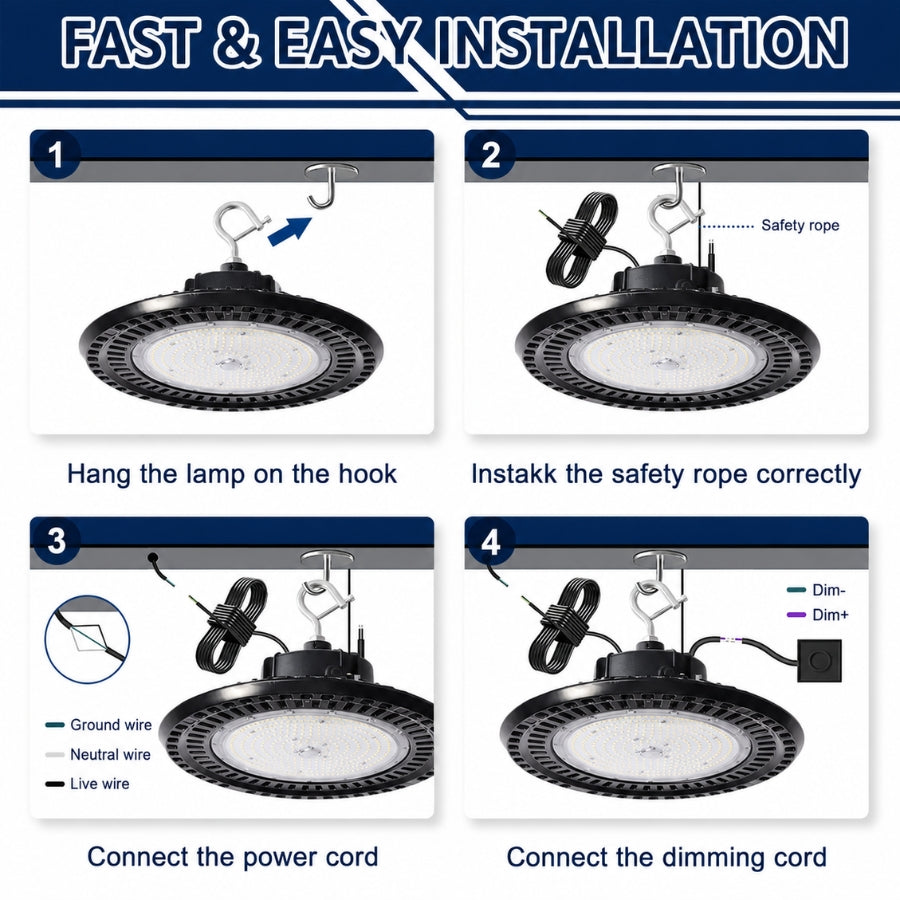Step-by-step installation guide for the selectable UFO LED high bay light showing hook mounting, safety cable attachment, power wiring, and 0-10V dimming connections.