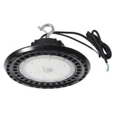 Front view of the 100W/120W/150W selectable UFO LED high bay light delivering up to 24,000 lumens at 5000K daylight white with 120-277V input and 0-10V dimming.