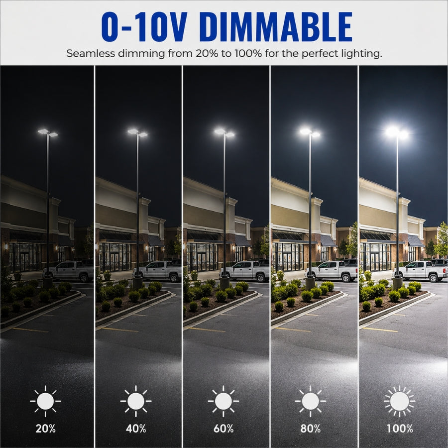 Demonstration of 0-10V dimming functionality with adjustable brightness levels from 20% to 100% for the UpgradeToLED commercial LED parking lot light.