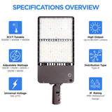 Specifications overview of the UpgradeToLED LED shoebox light showing selectable wattages from 300W to 500W, 3CCT tuning, Type III optics, IP65 waterproof rating, and up to 80,000 lumens.