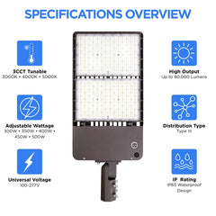 Specifications overview of the UpgradeToLED LED shoebox light showing selectable wattages from 300W to 500W, 3CCT tuning, Type III optics, IP65 waterproof rating, and up to 80,000 lumens.