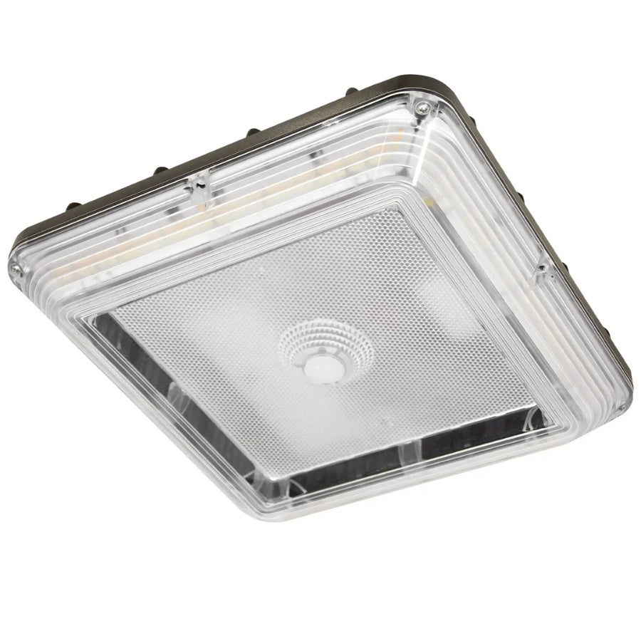 Square ceiling canopy light fixture with clear cover on a white background