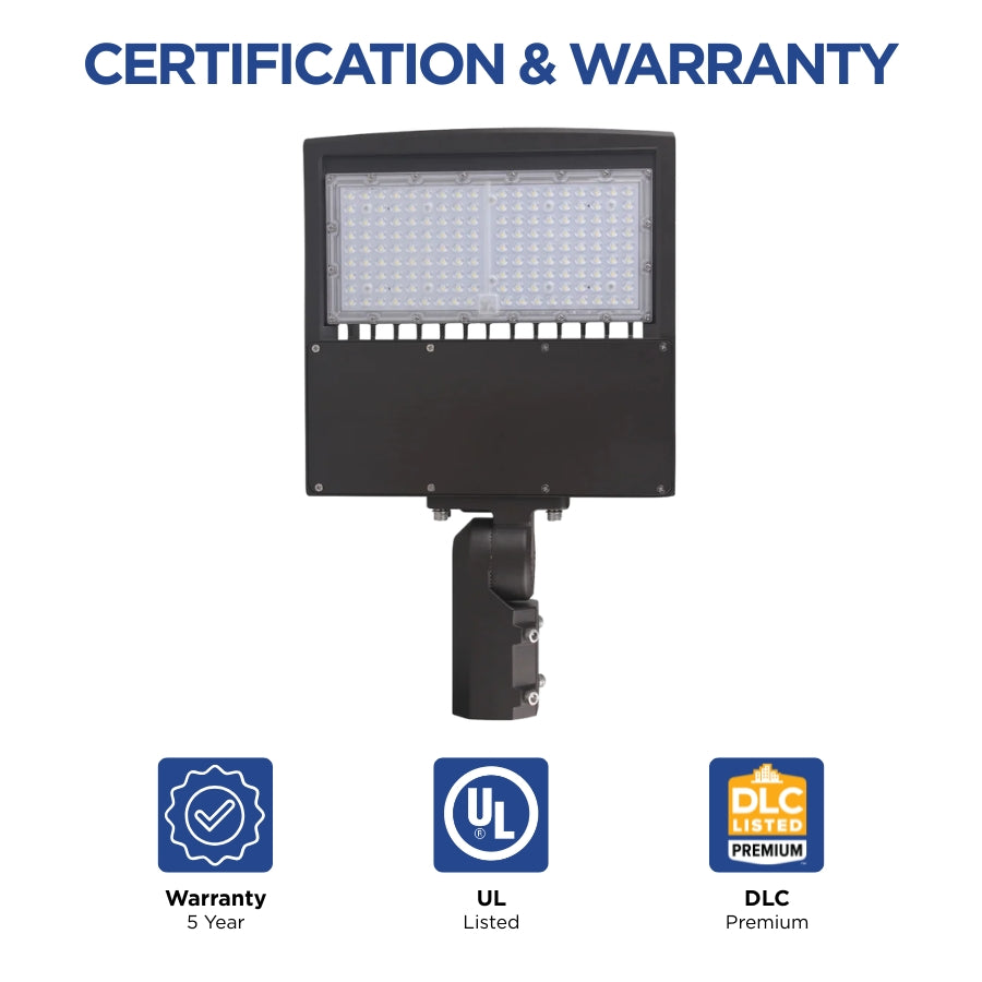 Commercial LED parking lot fixture certified UL Listed and DLC Premium with a 5-year warranty for long-term reliability.
