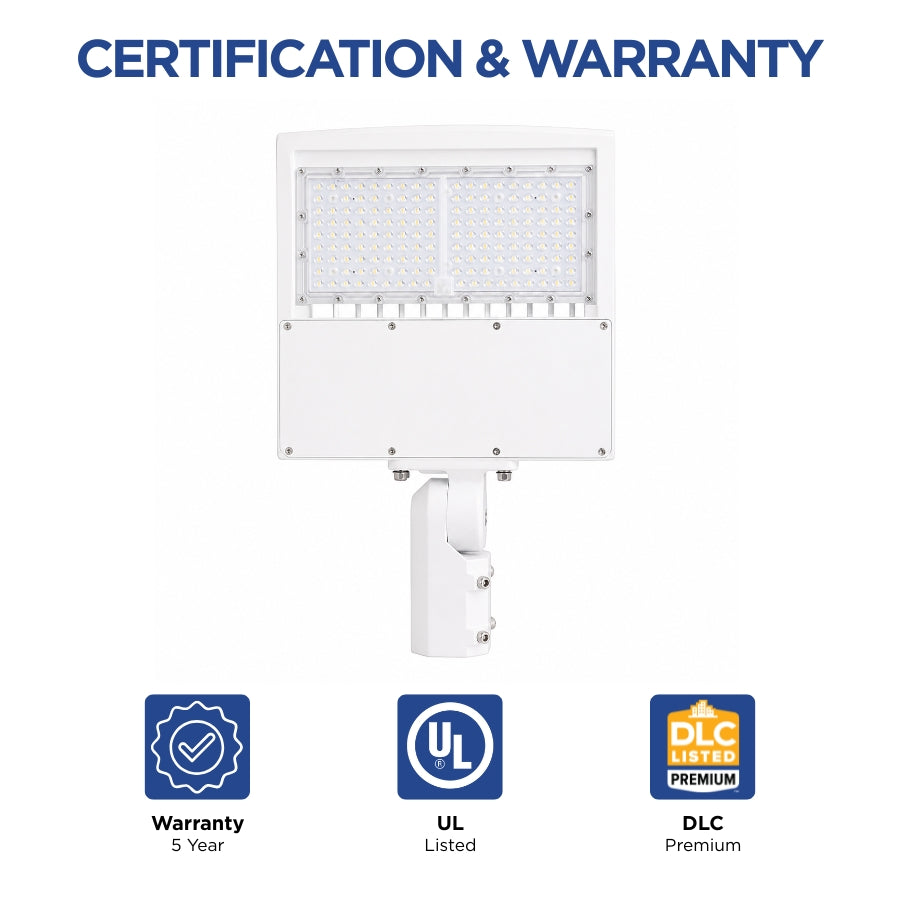 UL Listed and DLC Premium certified 150W LED parking lot light with 120-277V input voltage and 5-year warranty for energy-efficient commercial lighting.