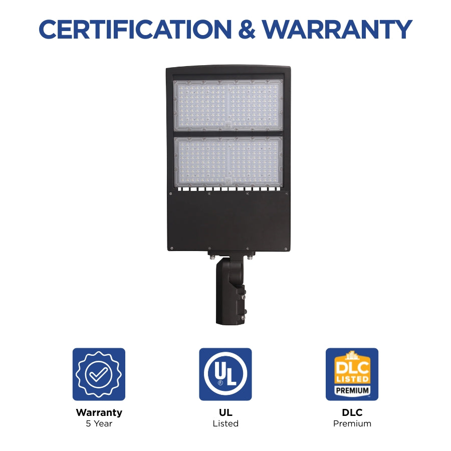 UpgradeToLED commercial LED area light featuring UL Listed certification, DLC Premium qualification, and a 5-year manufacturer warranty.