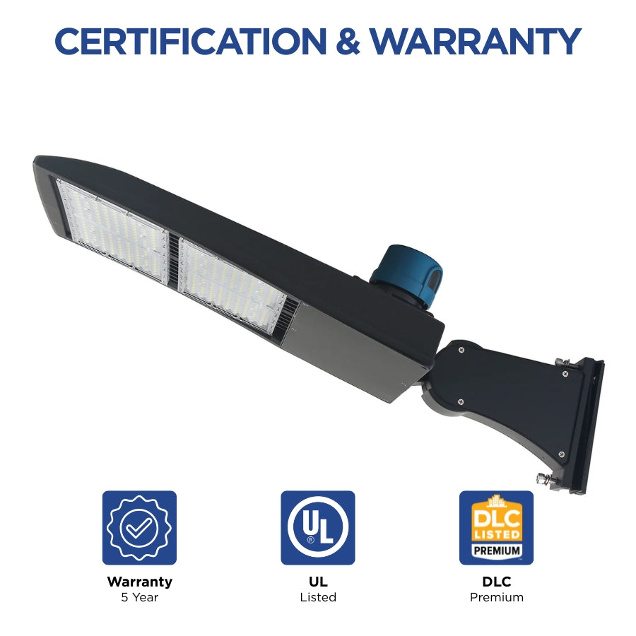 UpgradeToLED LED parking lot light showcasing UL Listed certification, DLC Premium qualification, and a 5-year manufacturer warranty.