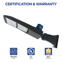 UpgradeToLED LED parking lot light showcasing UL Listed certification, DLC Premium qualification, and a 5-year manufacturer warranty.