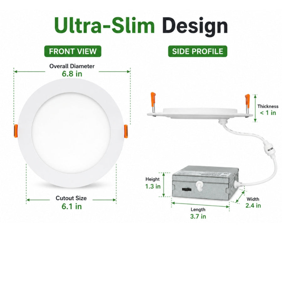 Ultra-thin LED downlight panel light with dimensions and specifications on a white background