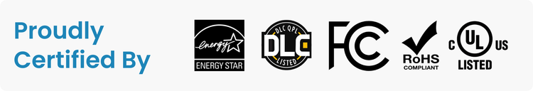 UpgradeToLED lighting certifications including ENERGY STAR, DLC Listed, FCC, RoHS Compliant, and cULus Listed