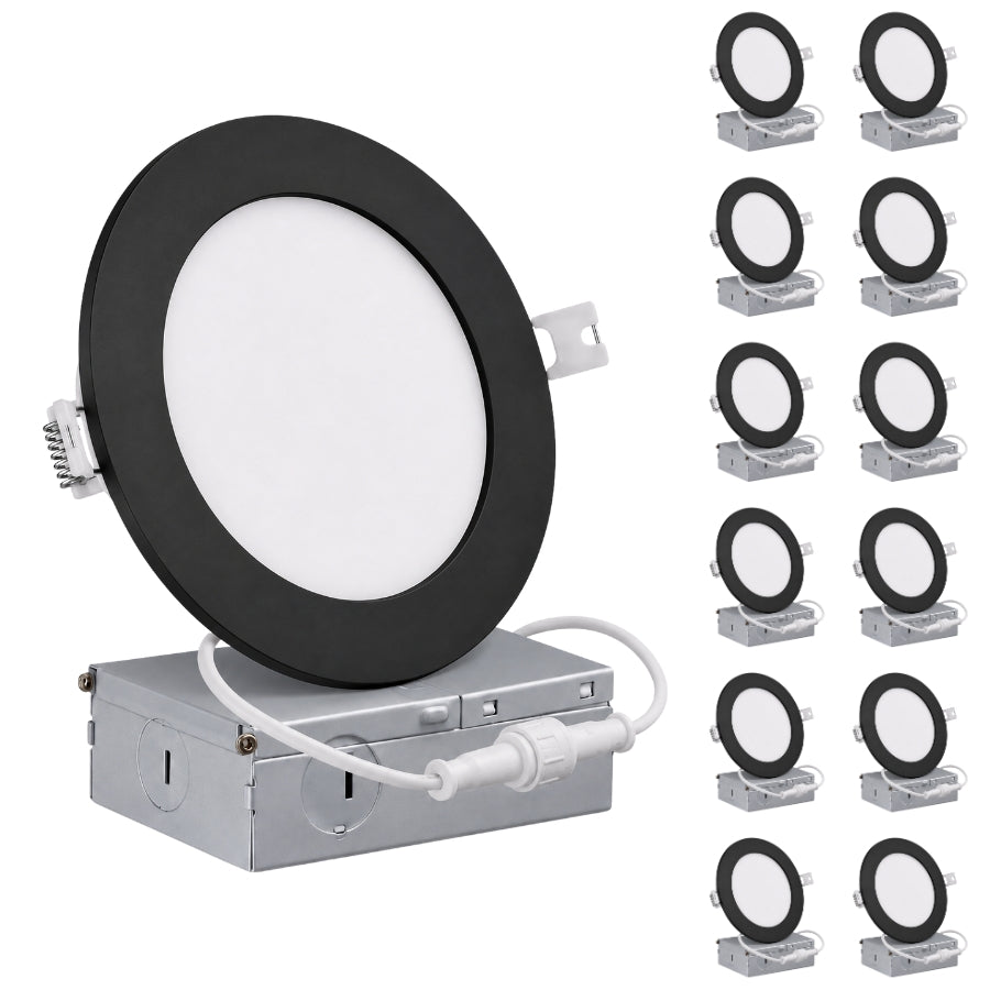 A recessed LED ceiling light shown at an angle with its metal mounting box and wiring connected, alongside a repeated grid of the same unit on a plain white background.