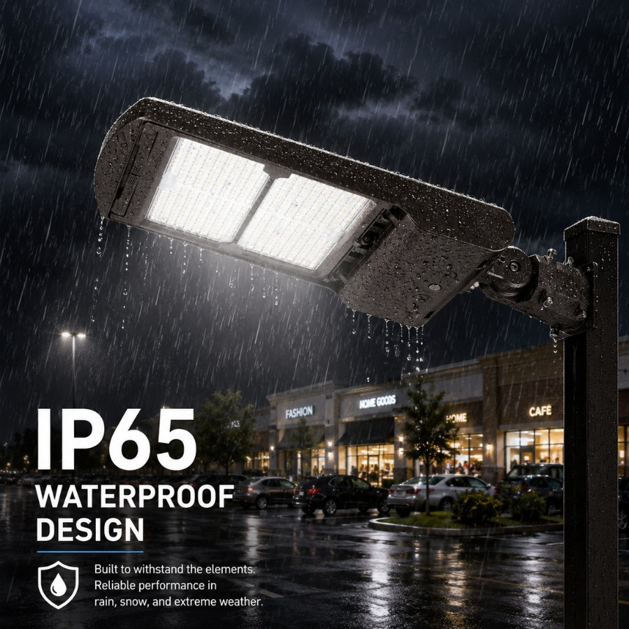 LED parking lot light operating in heavy rain, showcasing IP65 waterproof construction for reliable outdoor performance in all weather conditions.