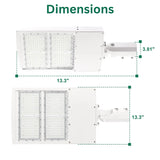 Product dimensions and mounting measurements for the white LED parking lot light fixture designed for pole-mounted installations.