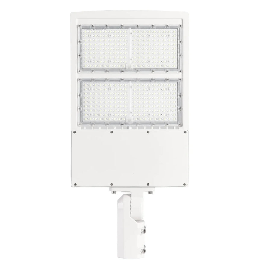 Front view of 300W white housing LED parking lot light with 42,000 lumens output and 277-480V input voltage for commercial applications.