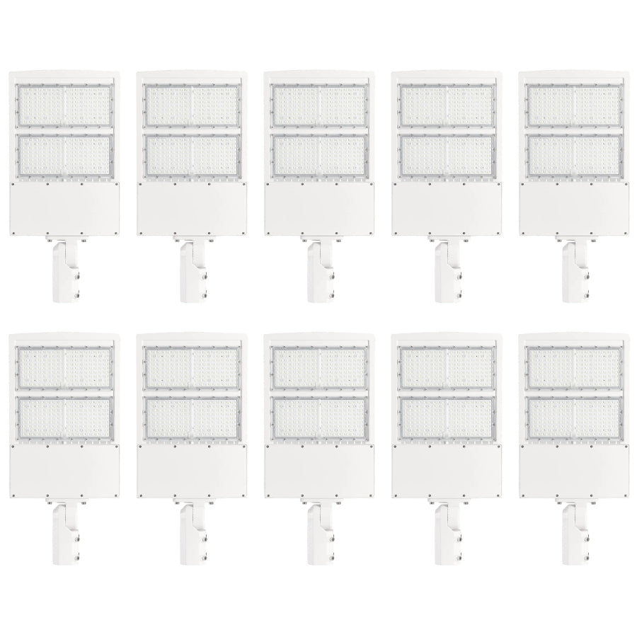 Ten-pack white housing LED parking lot lights designed for large-scale commercial and municipal outdoor lighting installations.