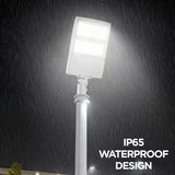 White LED area light operating in heavy rain, showcasing IP65 waterproof construction and reliable outdoor performance.