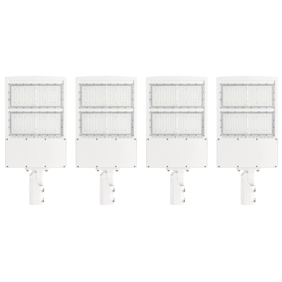 Four-pack commercial white housing LED parking lot lights ideal for parking lots, campuses, industrial sites, and roadway lighting projects.
