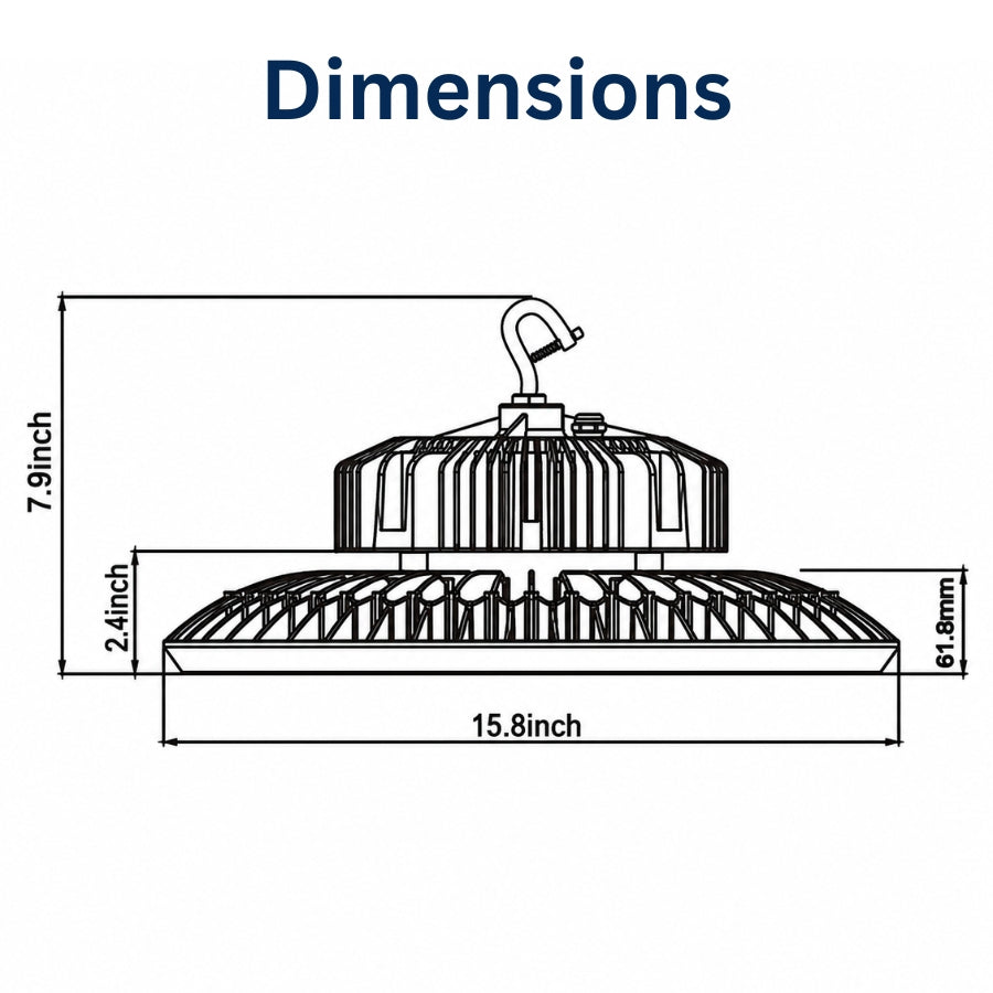 Technical dimensions of the white selectable UFO LED high bay light showing a 15.8-inch diameter, 7.9-inch height, and hook mount configuration for commercial installation.