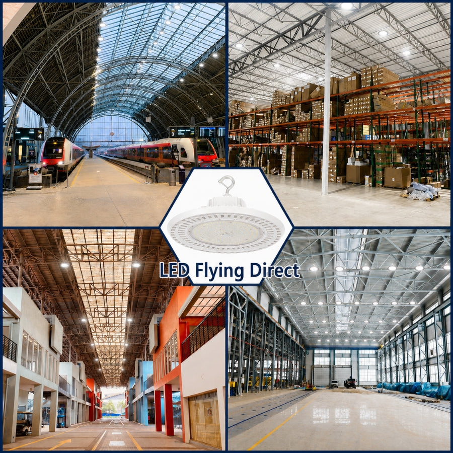 White selectable UFO LED high bay light installed in warehouses, factories, distribution centers, transportation terminals, manufacturing plants, and gymnasiums.