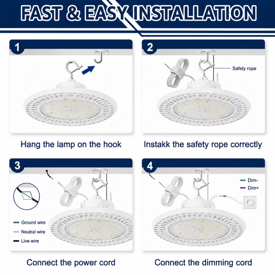 Step-by-step installation guide for the white UFO LED high bay light showing hook mounting, safety cable installation, power wiring, and 0-10V dimming connection.