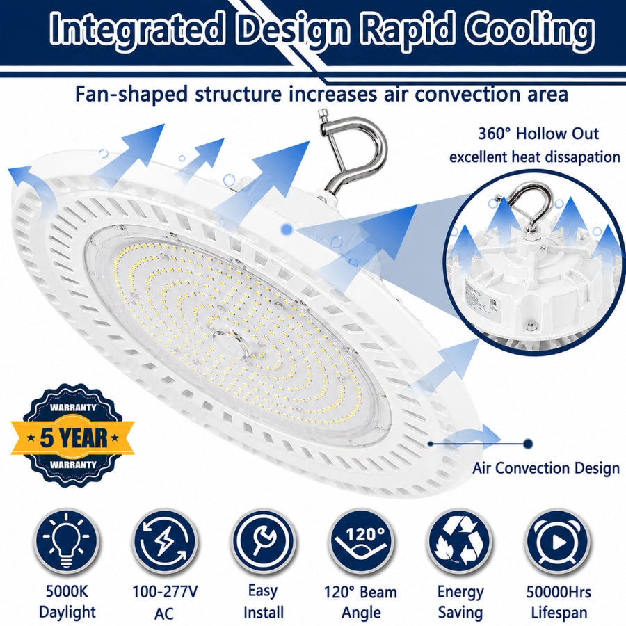 Integrated air convection cooling system of the white selectable UFO LED high bay light featuring 100-277V operation, 120° beam angle, energy-efficient performance, and a 50,000-hour lifespan.
