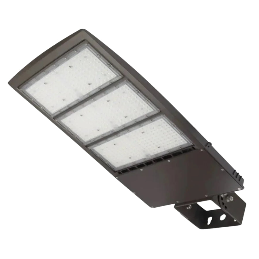 A rectangular LED street light with a dark gray metal housing and three illuminated white light panels, shown at an angle on a plain white background.