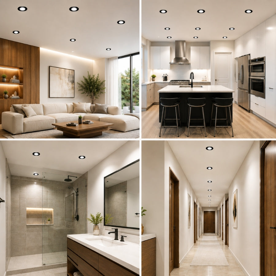 A four-panel collage showing modern interior spaces: a living room with a beige sectional and wood coffee table, a kitchen with a black island and white cabinets, a bathroom with a white vanity and wood accents, and a long hallway with recessed lighting.
