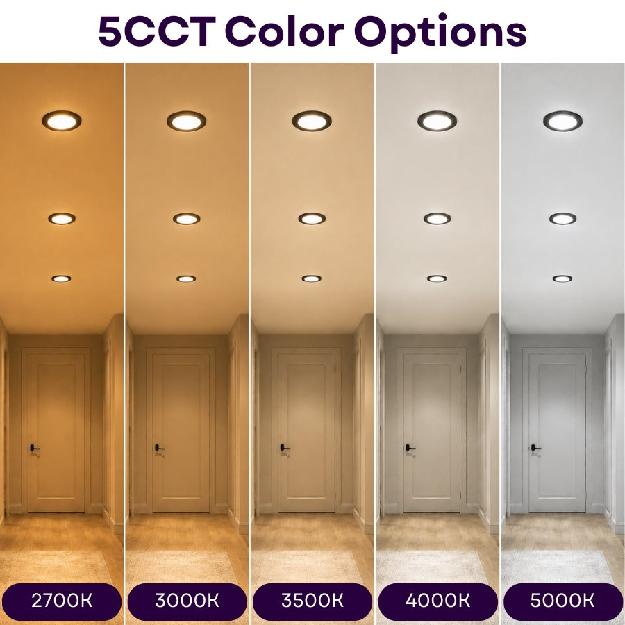A comparison graphic showing five CCT color options for recessed ceiling lights, labeled 2700K, 3000K, 3500K, 4000K, and 5000K. Each panel displays a hallway with ceiling-mounted lights turned on, demonstrating different warm and cool light temperatures.
