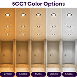 A comparison graphic showing five CCT color options for recessed ceiling lights, labeled 2700K, 3000K, 3500K, 4000K, and 5000K. Each panel displays a hallway with ceiling-mounted lights turned on, demonstrating different warm and cool light temperatures.