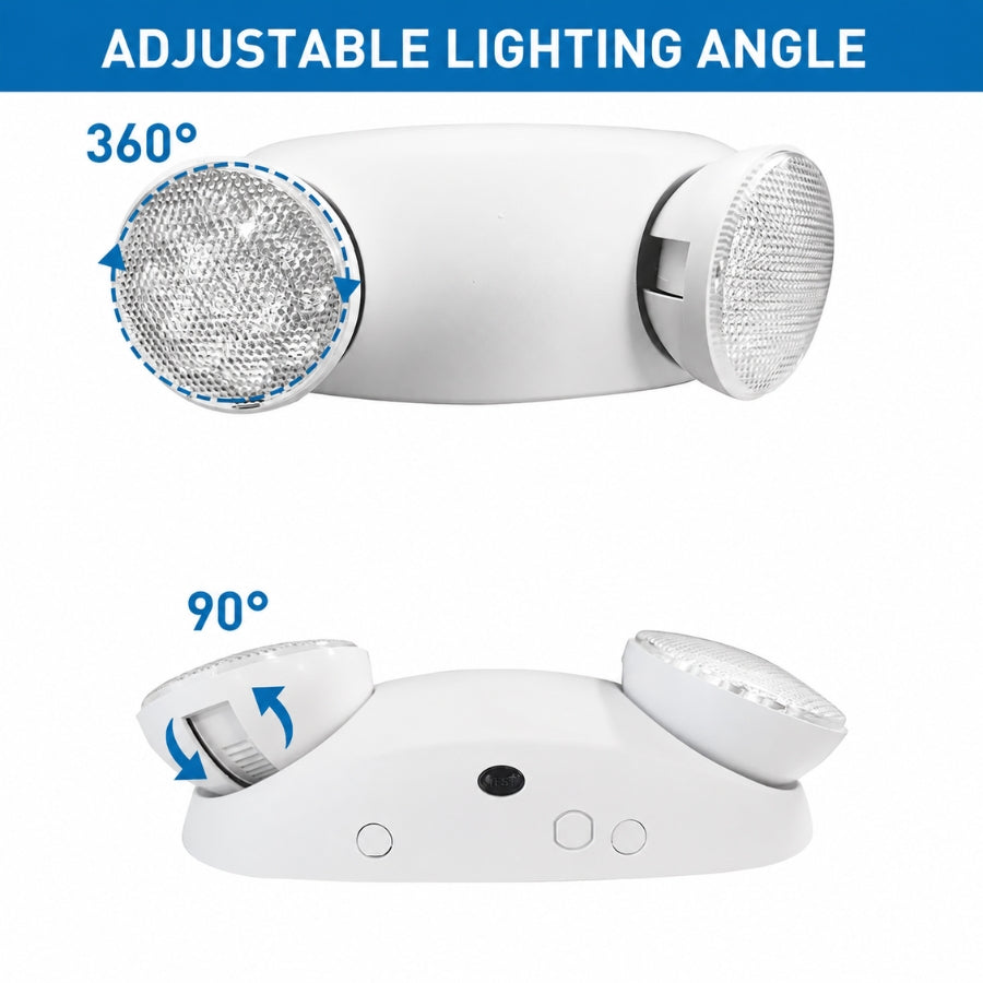 White dual-head emergency exit ceiling light with text overlays showing adjustable lighting angles: 360 degrees around the top head and 90 degrees around the side head, on a white background with a blue header.