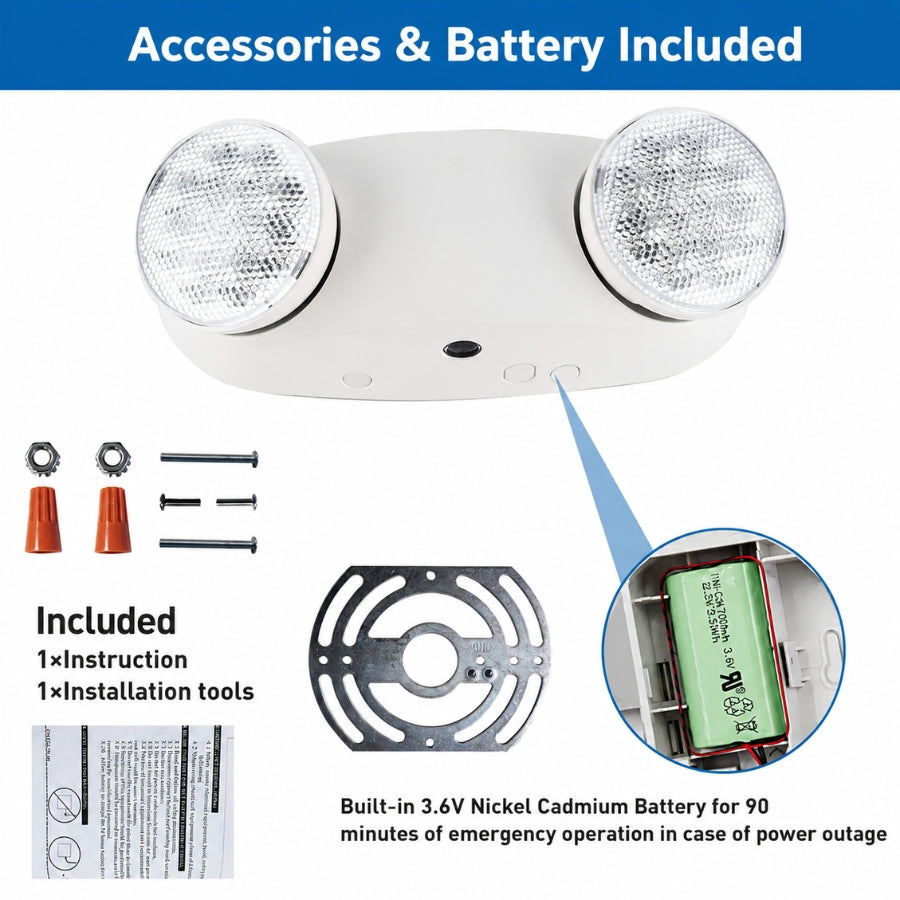 White dual-head emergency exit light with accessories and battery included, shown on a white background with inset images of mounting hardware, an instruction sheet, a metal mounting plate, and a built-in 3.6V nickel-cadmium battery.