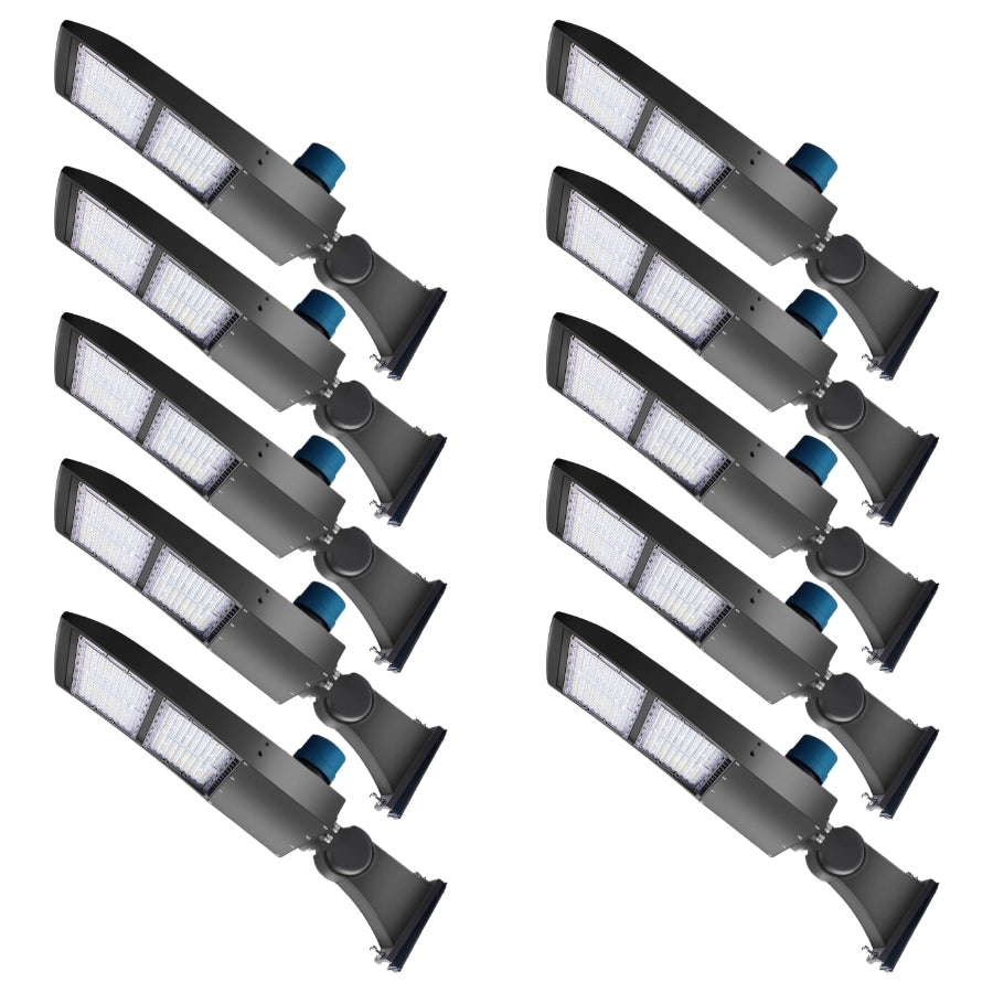 Bulk LED parking lot lights with arm mounts for large outdoor lighting projects