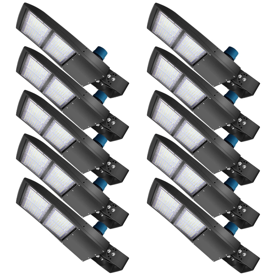 Bulk LED parking lot lights with yoke mounts for large commercial outdoor lighting projects