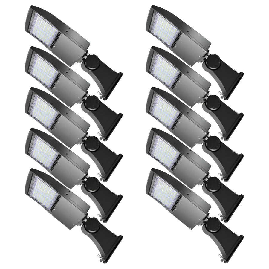 Bulk selectable LED parking lot lights with arm mounts for large parking lots and commercial properties